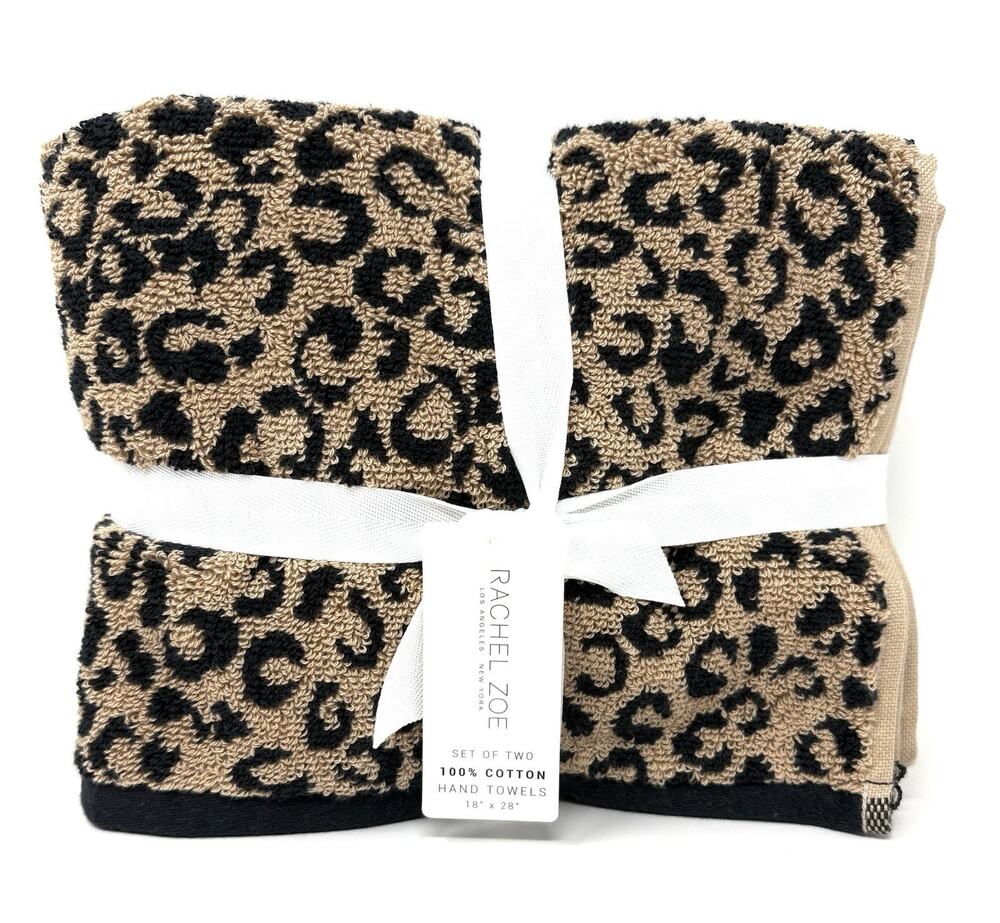 Rachel Zoe Animal Leopard Print Hand Towels Black Brown NWT Set 2 Pcs